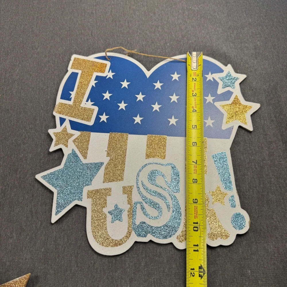 Patriotic 4th of July Decor Set I Heart USA Glitter Sign & Metallic Pom Pom
